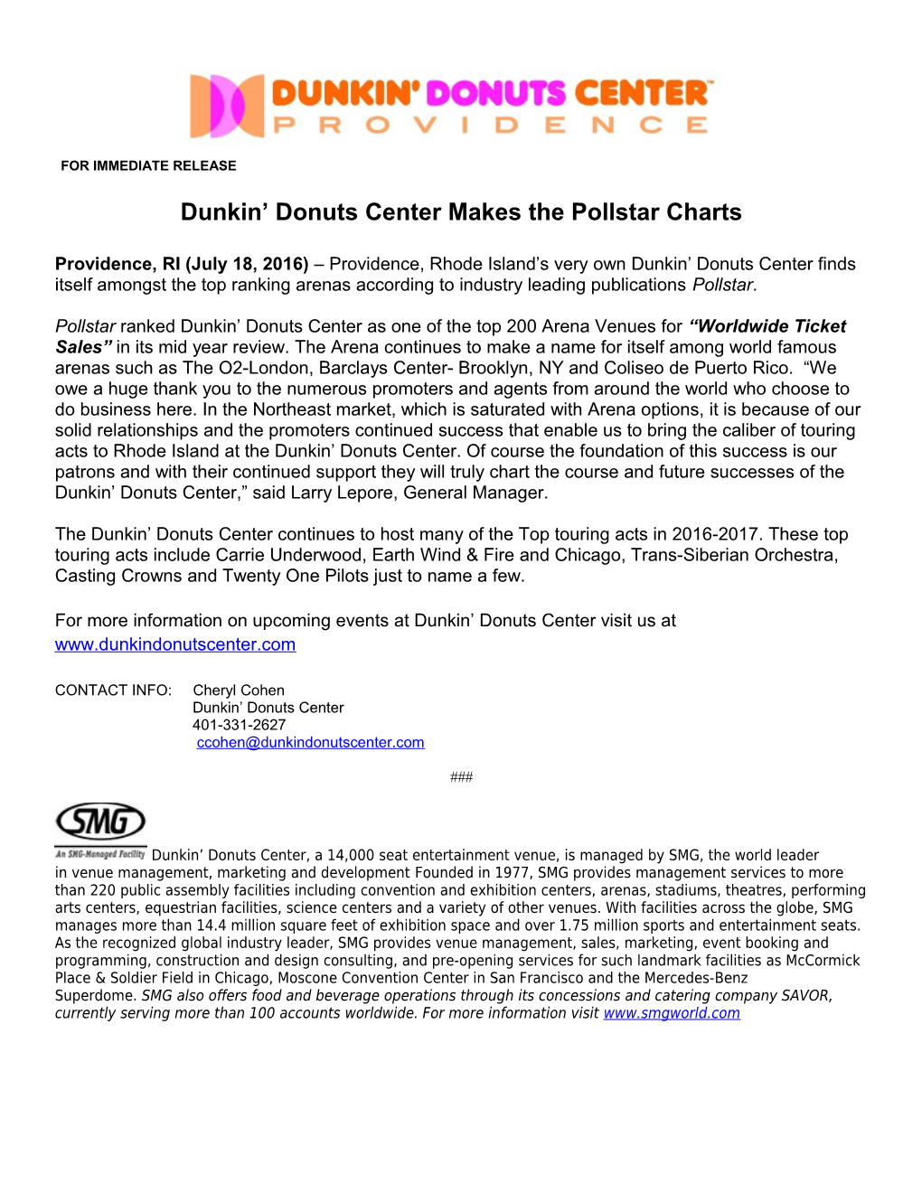 Dunkin Donuts Center Makes the Pollstar Charts