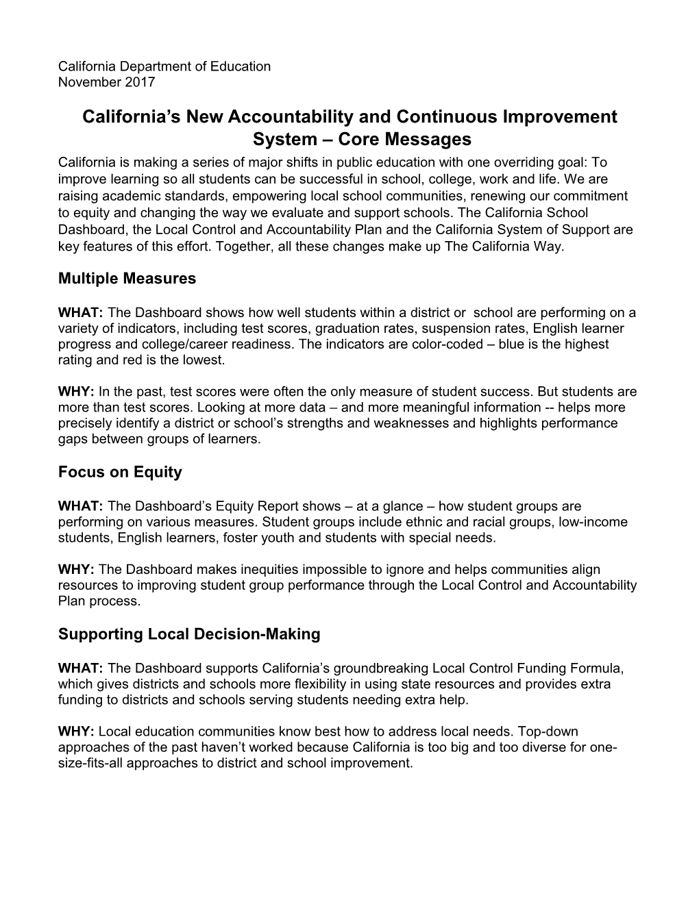 CA Dashboard Core Messages - California Accountability & School Dashboard (CA Dept of Education)