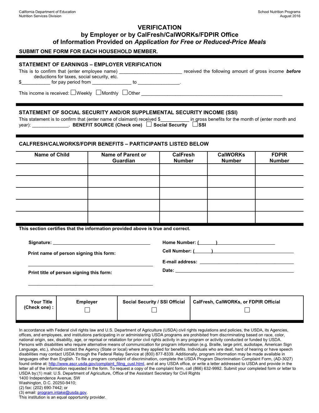 Verification by Employer Or Benefits Office - School Nutrition (CA Dept of Education)