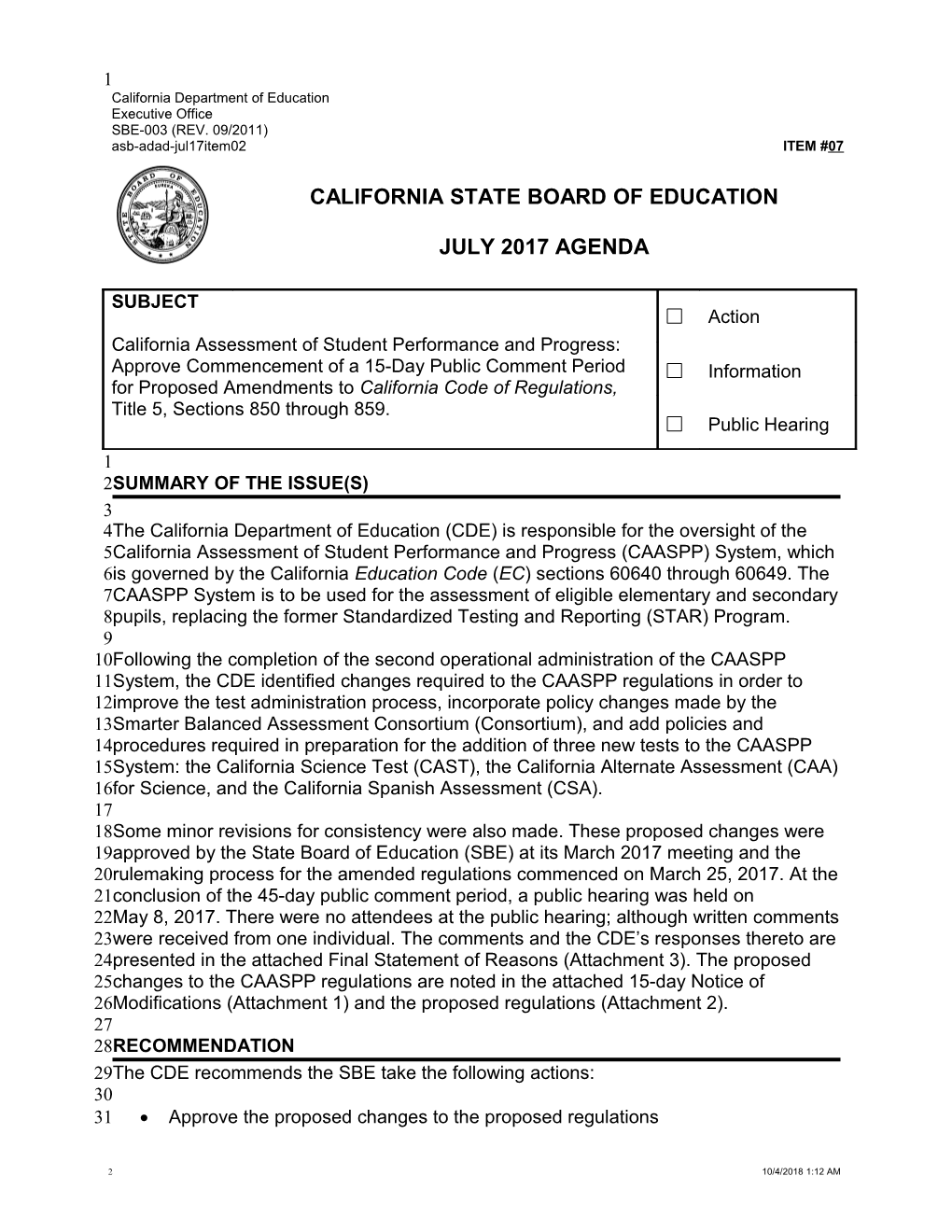 July 2017 Agenda Item 07 - Meeting Agendas (CA State Board of Education)