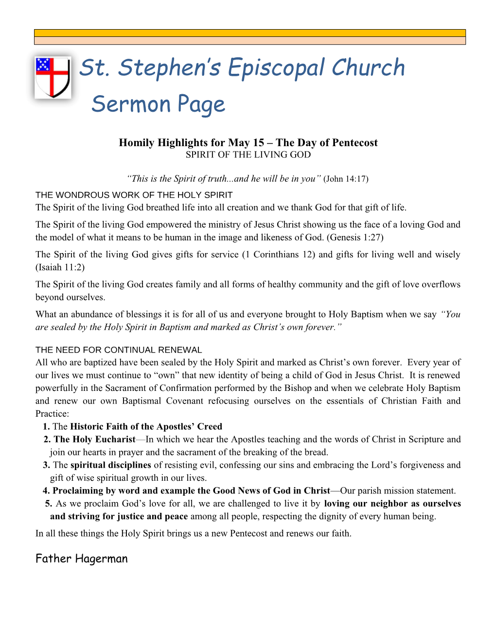 Homily Highlights for May 15 the Day of Pentecost