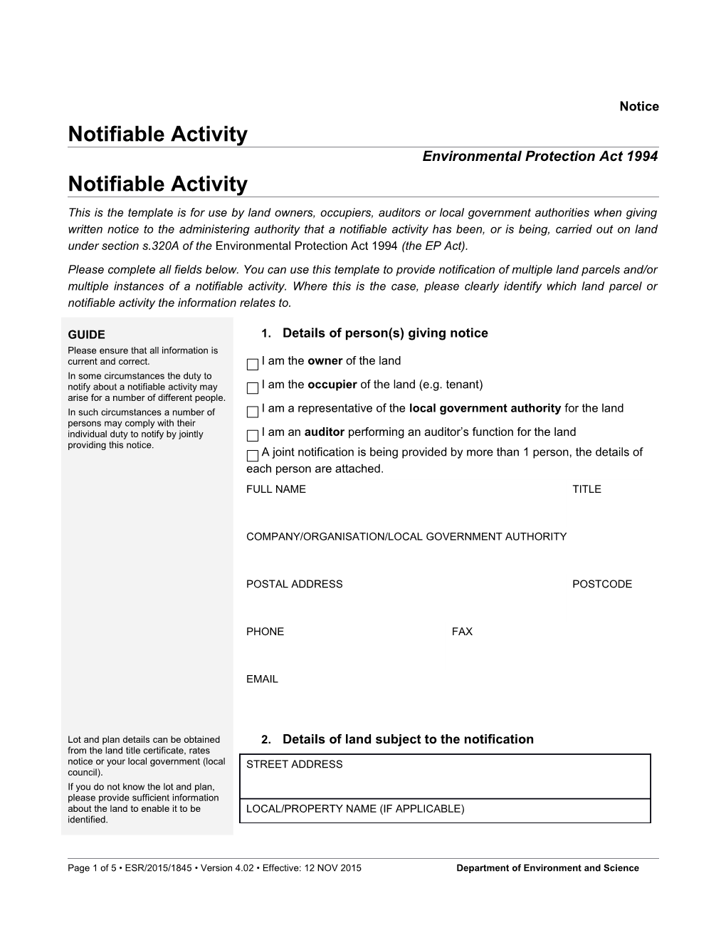 Template for Giving Written Notice About a Notifiable Activity