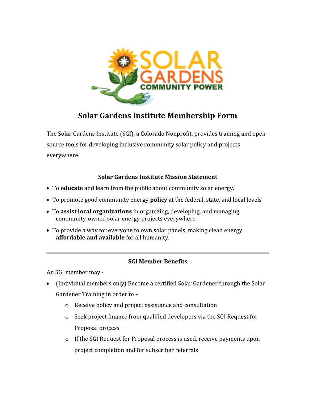 Solar Gardens Institute Membership Form