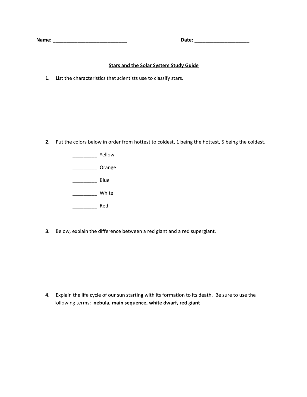 Stars and the Solar System Study Guide