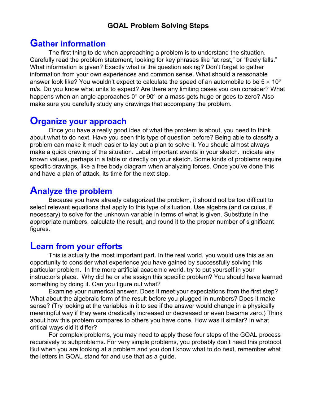 Selected Problem Solutions with the GOAL Strategy from Study Guide to Accompany Physics