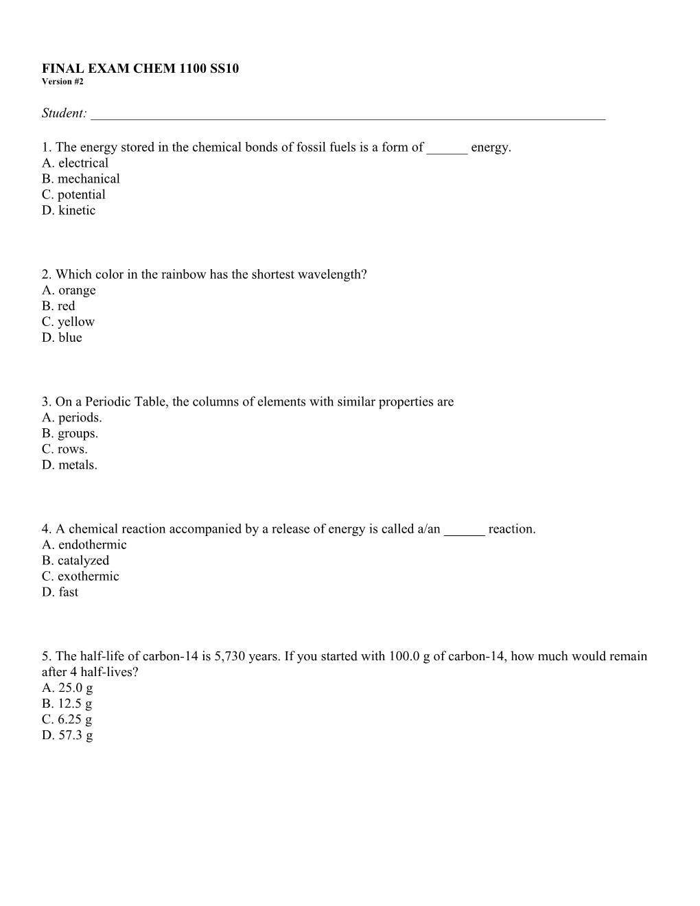 Final Exam Chem 1100 Ss10