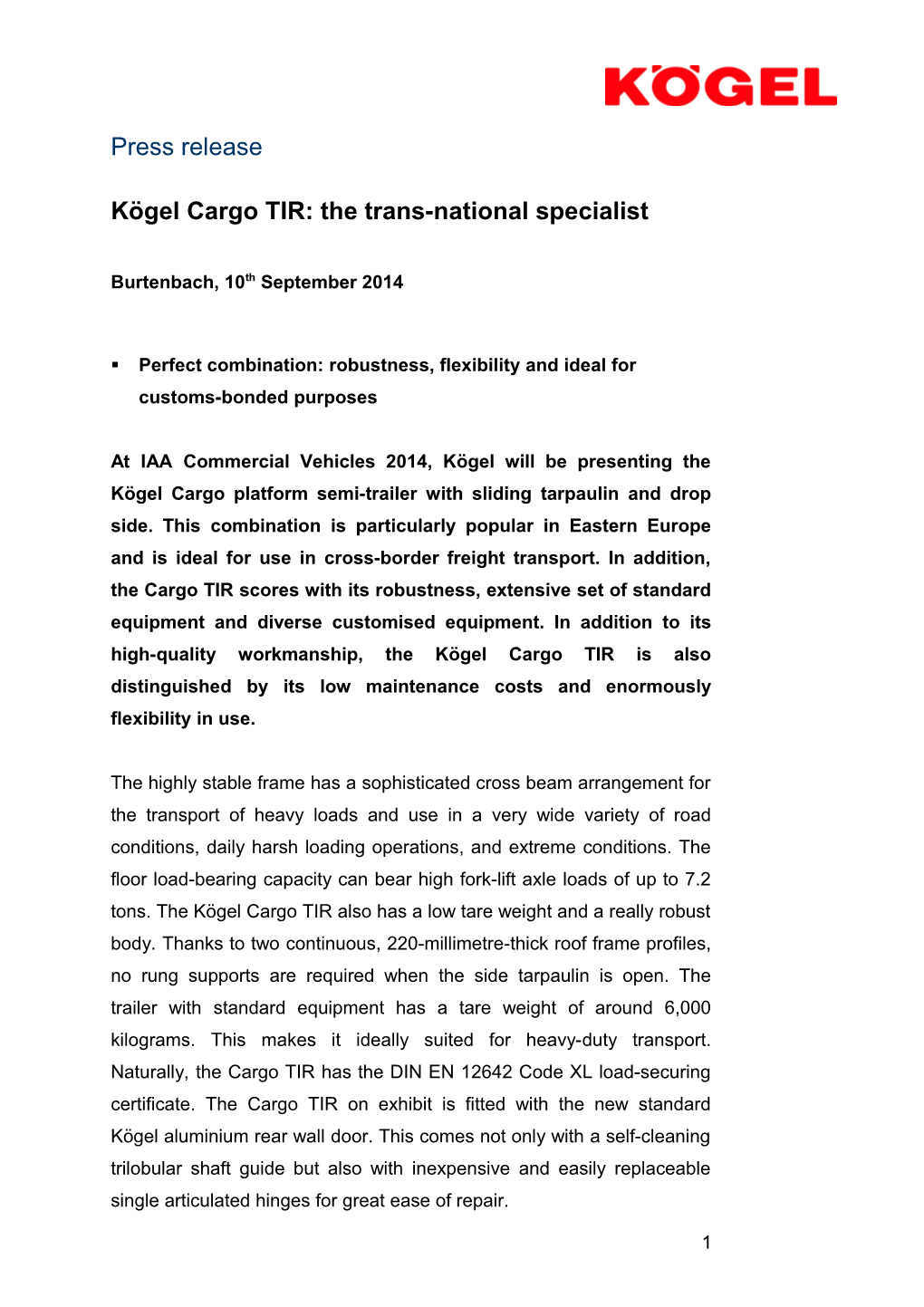 Kögel Cargo TIR: the Trans-National Specialist