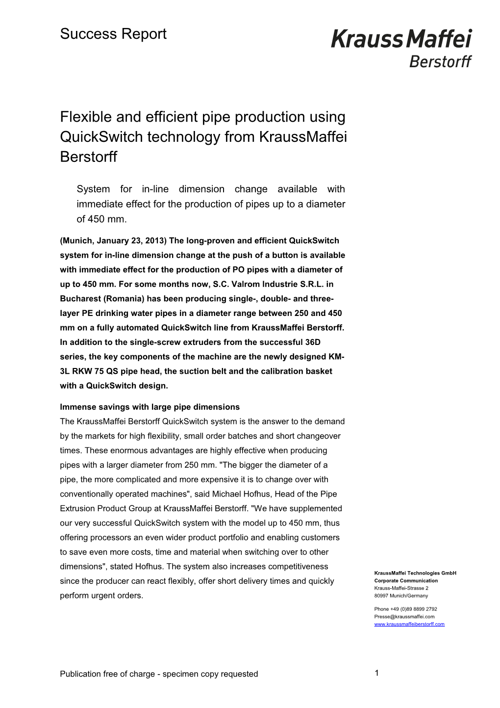 Flexible and Efficient Pipe Production Using Quickswitch Technology from Kraussmaffei Berstorff