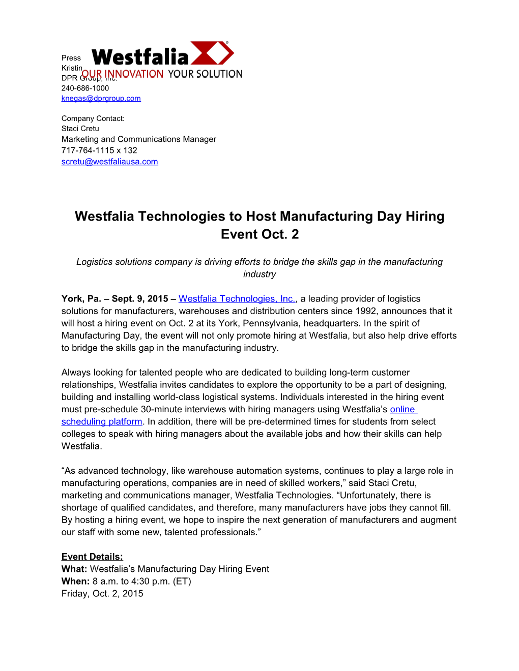 Westfalia Technologies to Host Manufacturing Day Hiring Event Oct. 2