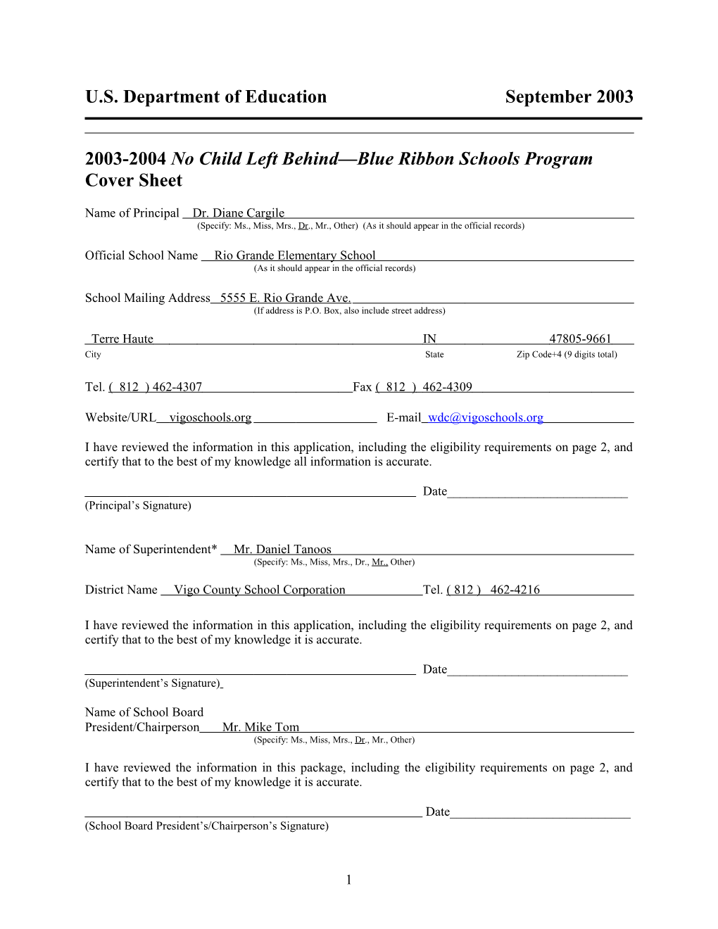 Rio Grande Elementary School 2004 No Child Left Behind-Blue Ribbon School Application (Msword)