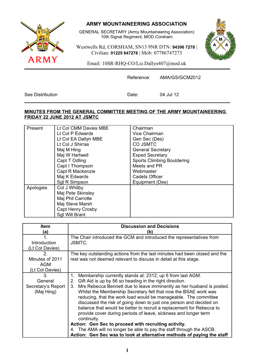 Minutes from the General Committee Meeting of the Army Mountaineering Friday 22 June 2012
