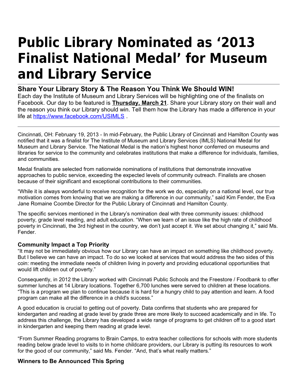 Public Library Nominated As 2013 Finalist National Medal for Museum and Library Service