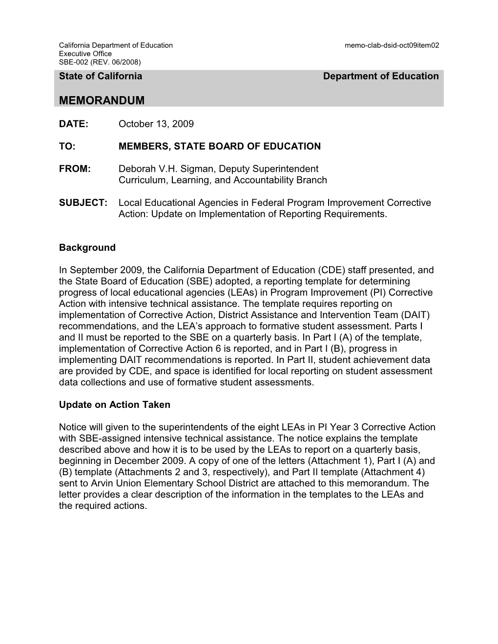 October 2009 Memorandum Item 02 - Information Memorandum (CA State Board of Education)