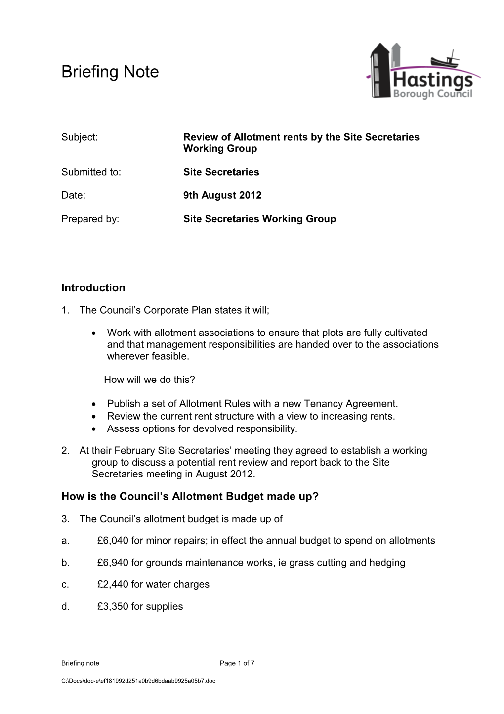 Subject: Review of Allotment Rents by the Site Secretaries Working Group