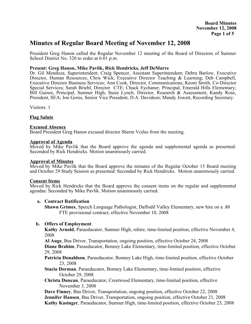 Minutes of Regular Board Meeting of November 12, 2008