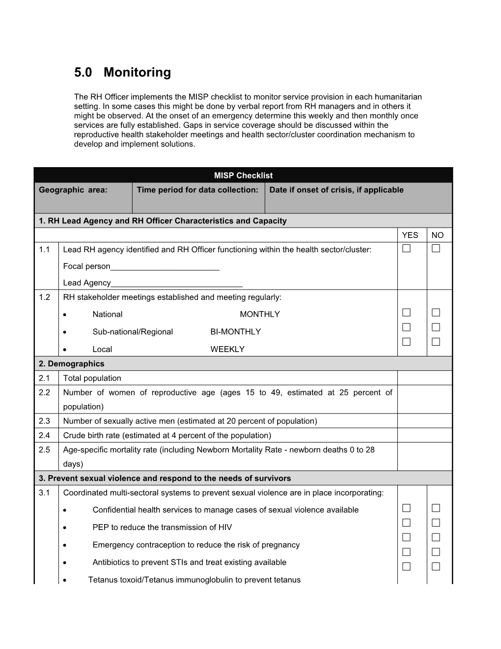 The RH Officer Implements the MISP Checklist to Monitor Service Provision in Each Humanitarian