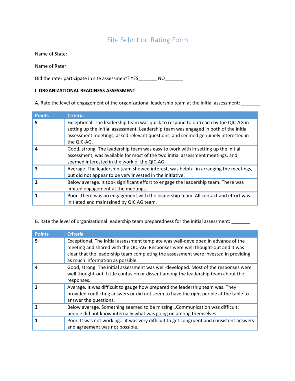 Site Selection Rating Form