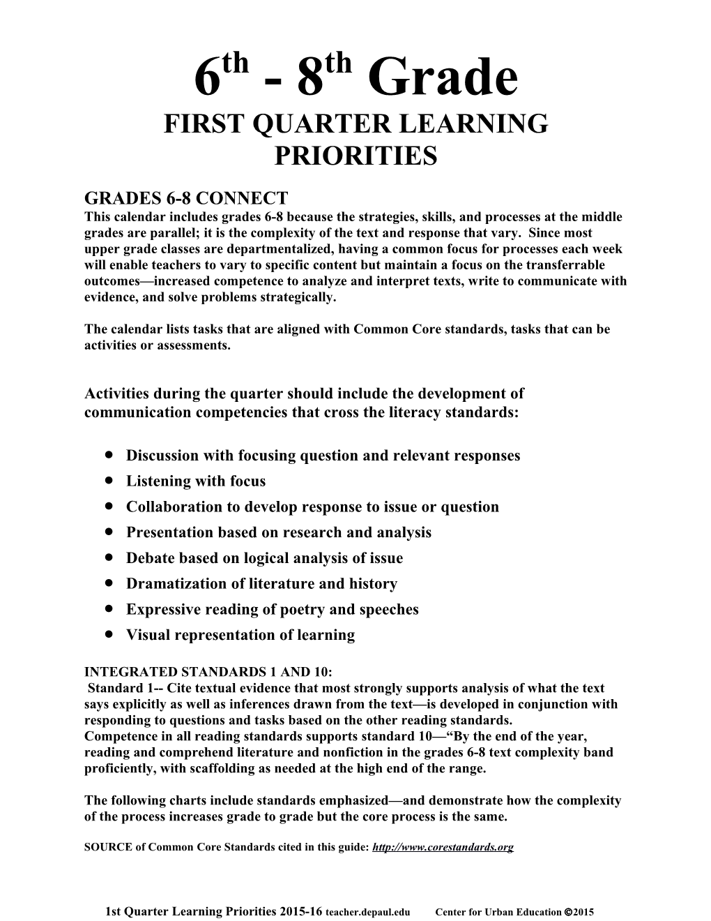 First Quarter Learning Priorities