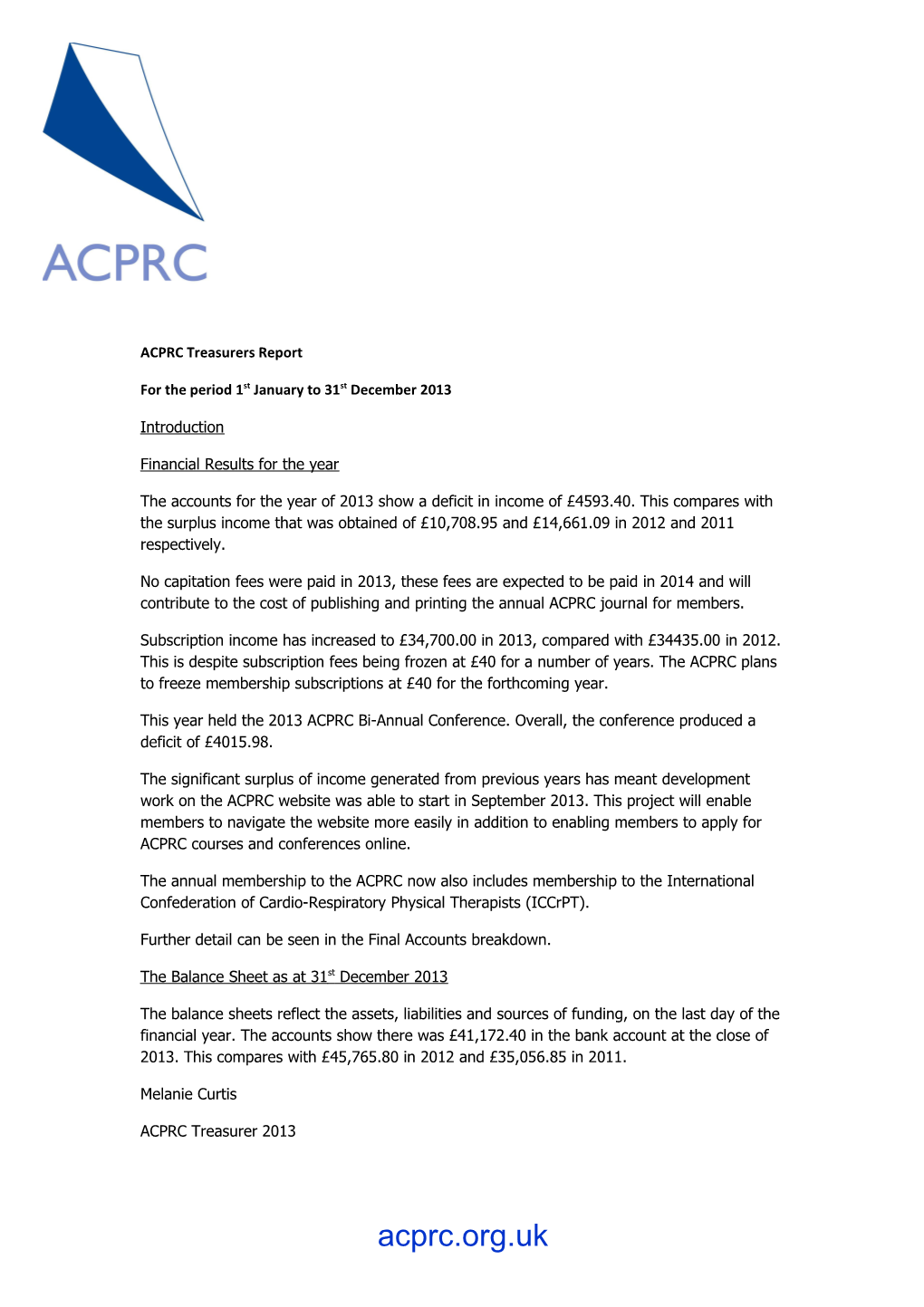 ACPRC Treasurers Report