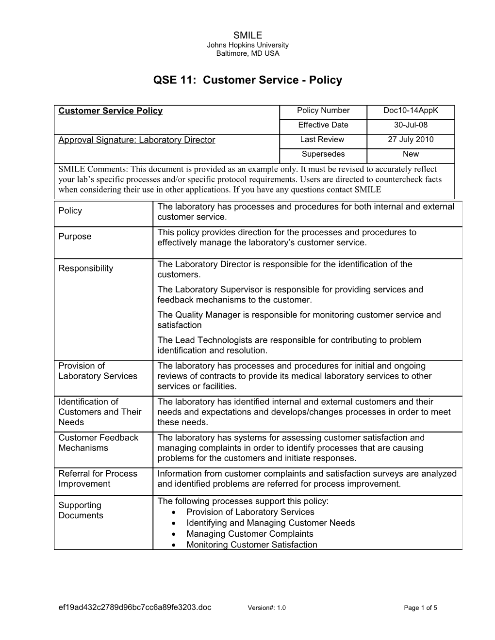 QSE 11: Customer Service - Policy