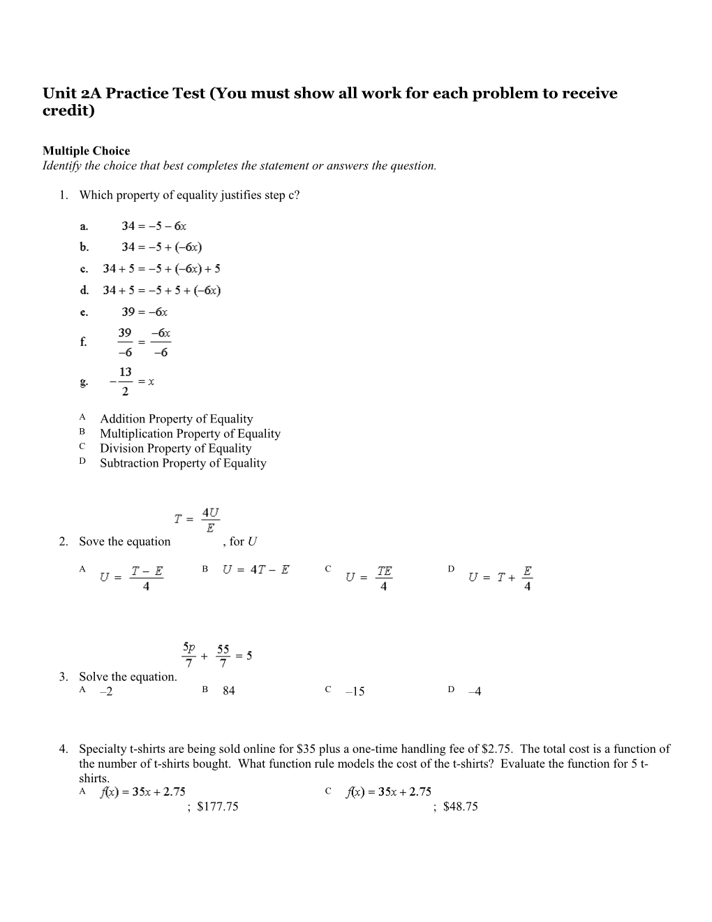 Unit 2A Practice Test (You Must Show All Work for Each Problem to Receive Credit)