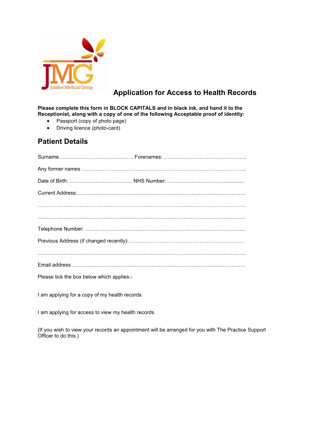 Application for Access to Health Records