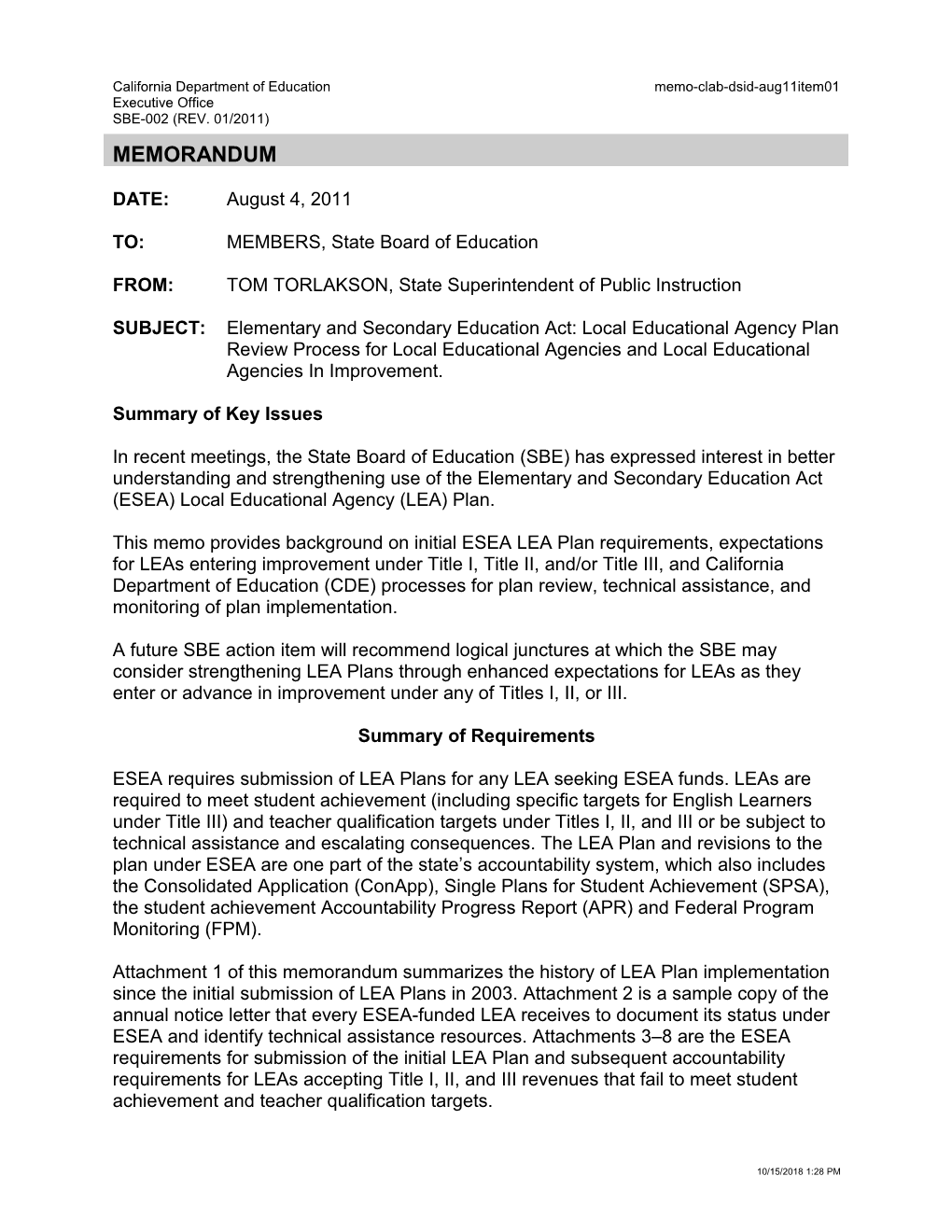 August 2011 Memorandum DSID Item 1 - Information Memorandum (CA State Board of Education)
