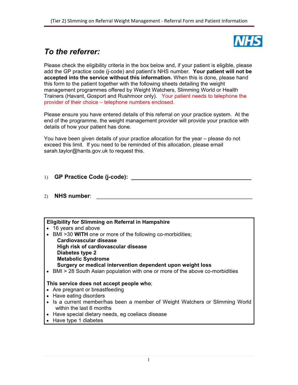 (Tier 2) Slimming on Referral Weight Management - Referral Form and Patient Information