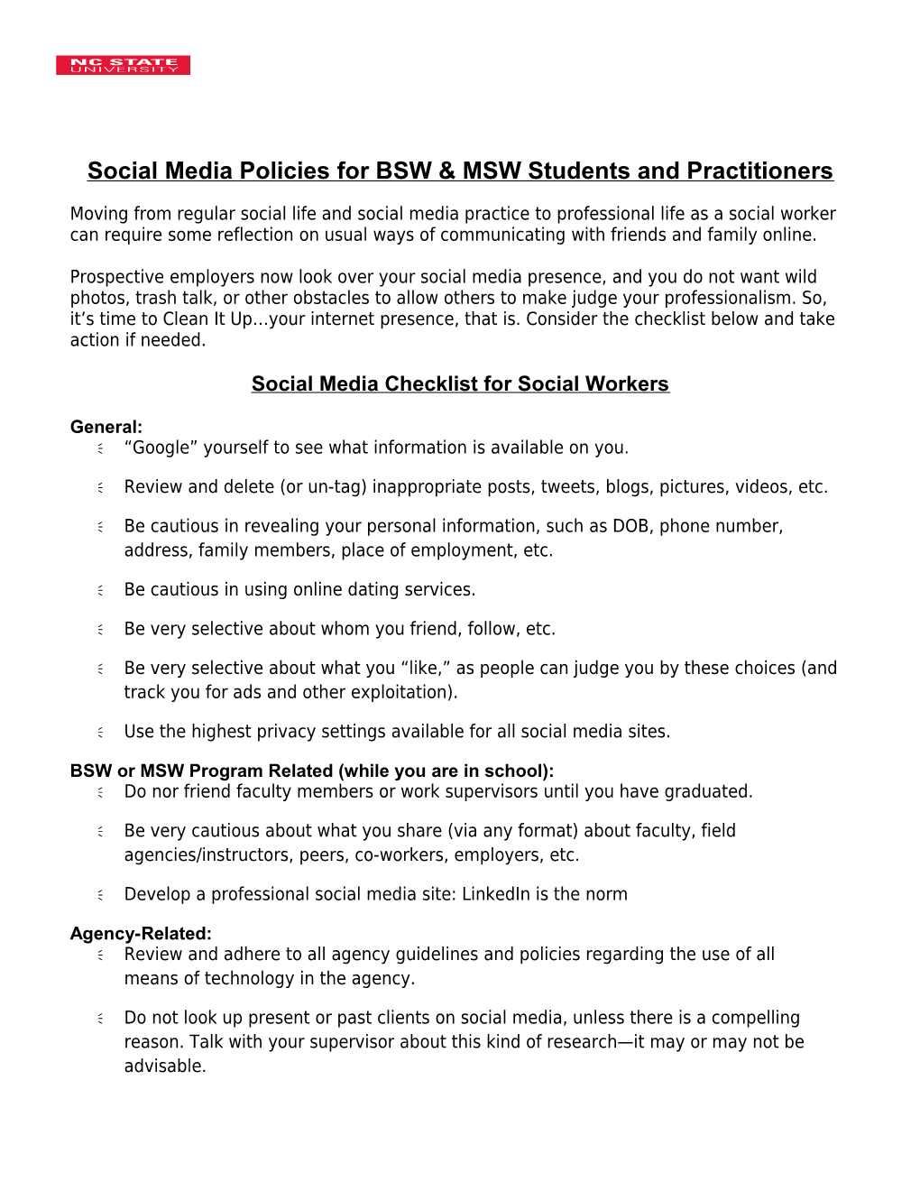 Social Media Policies for BSW & MSW Students and Practitioners