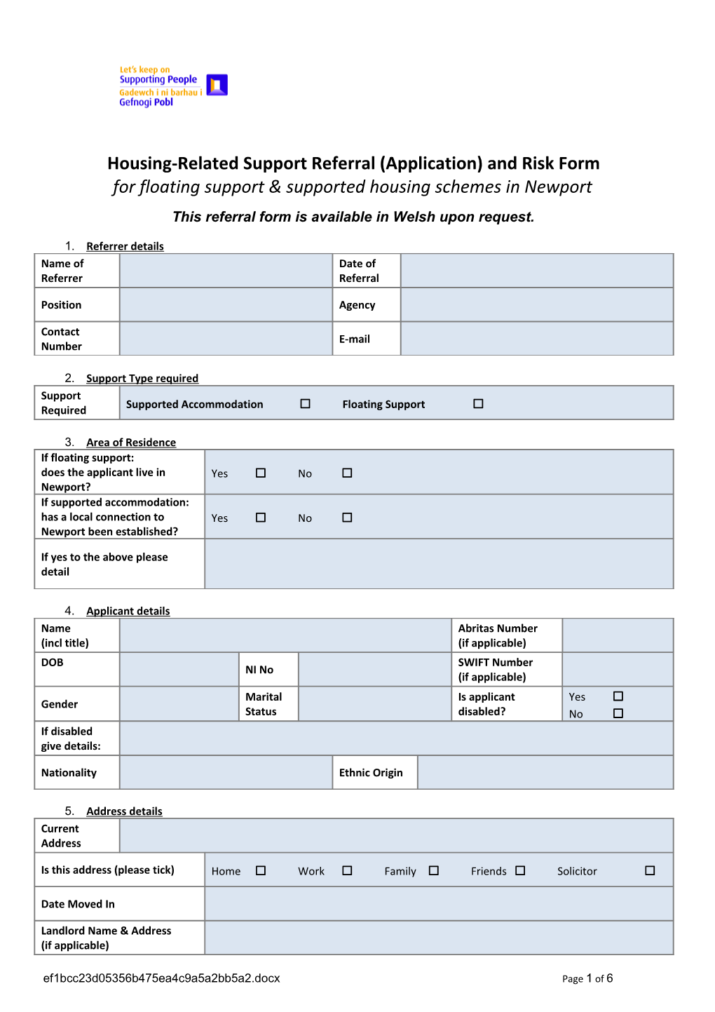 Floating Support FS1 Single Referral Application and Risk Form January 2016