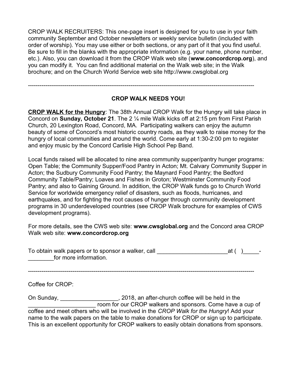 CROP WALK RECRUITERS: This One-Page Insert Is Designed for You to Use in Your Church/Synagogue