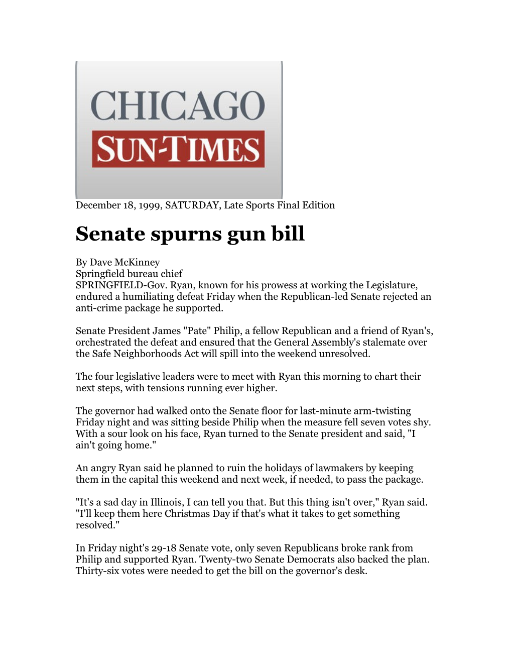 Senate Spurns Gun Bill