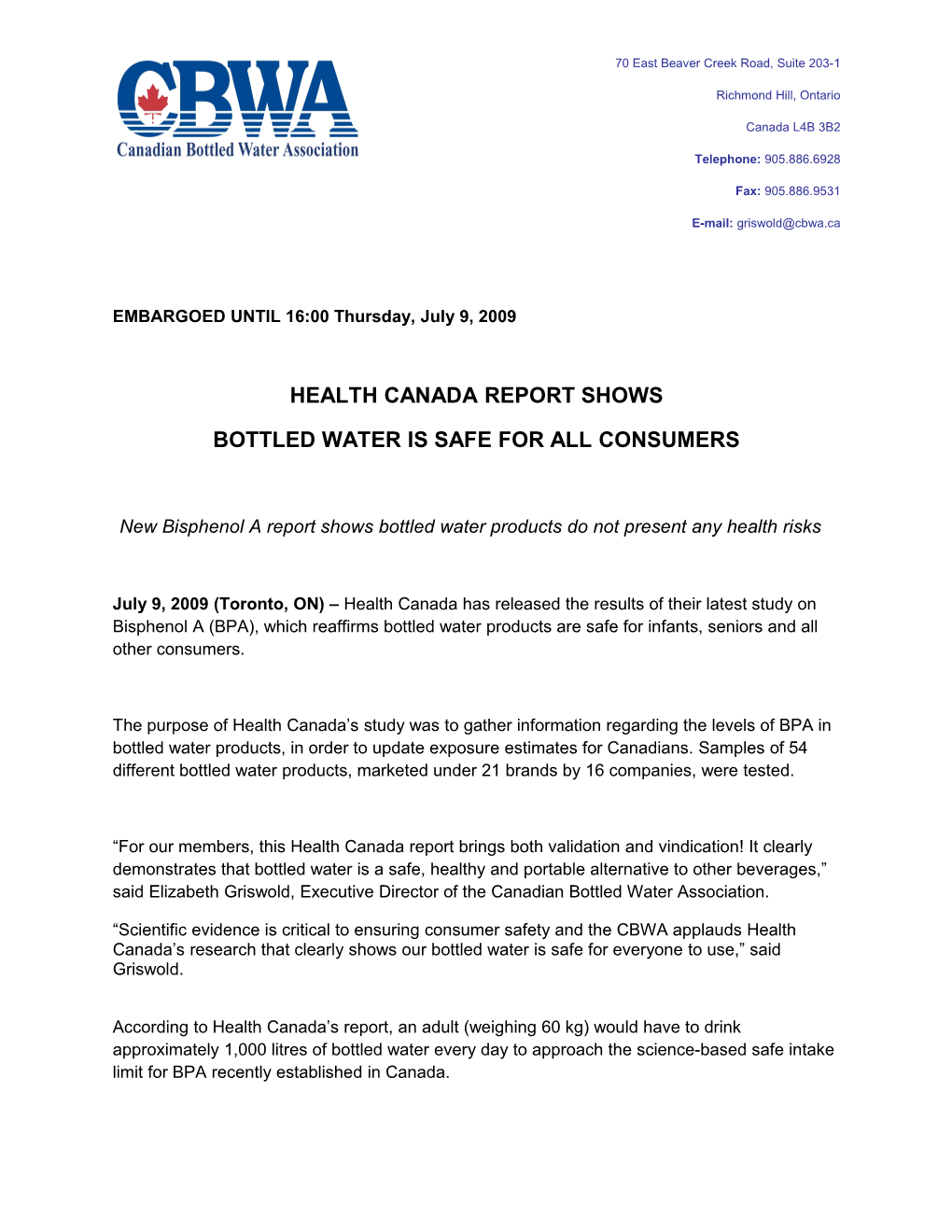 Health Canada Reports Bottled Water Is Safe for All Consumers