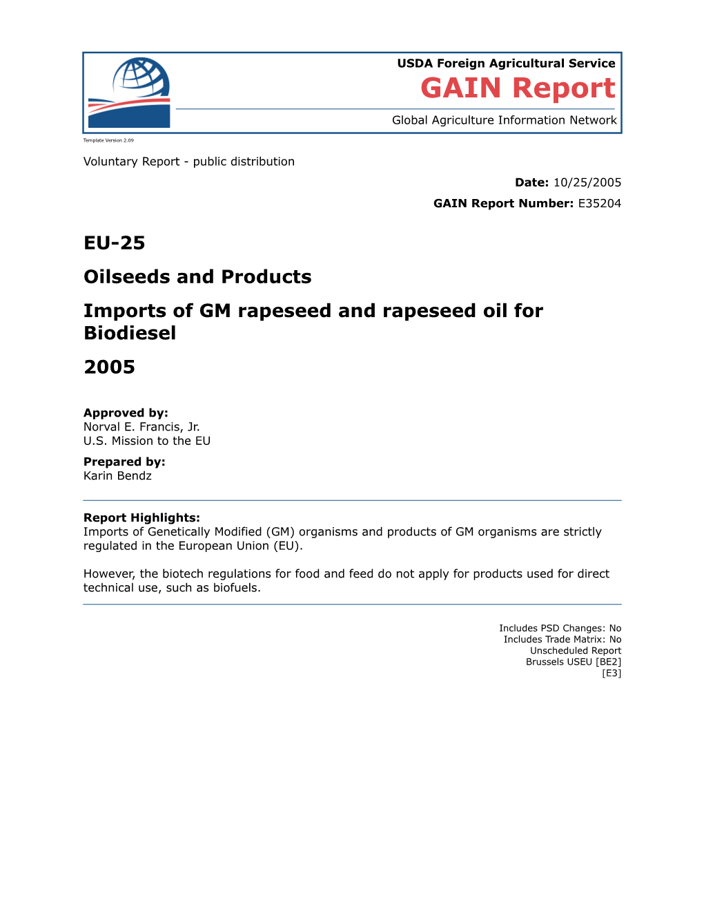 Imports of GM Rapeseed and Rapeseed Oil for Biodiesel