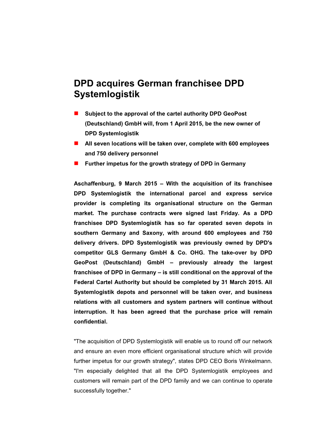 DPD Acquires German Franchisee DPD Systemlogistik