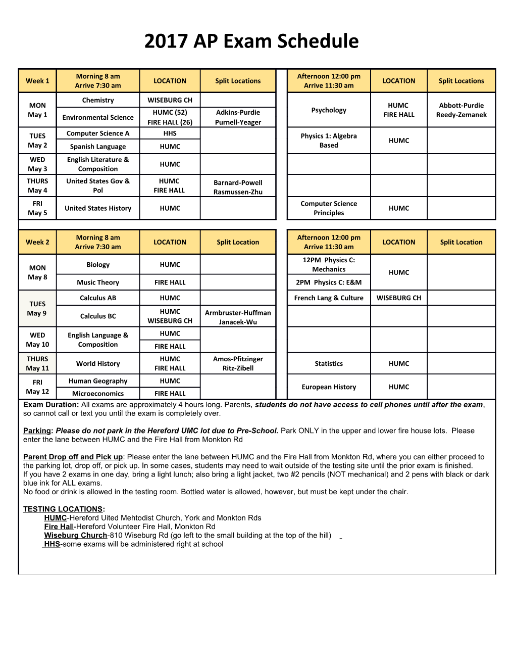 2017 AP Exam Schedule