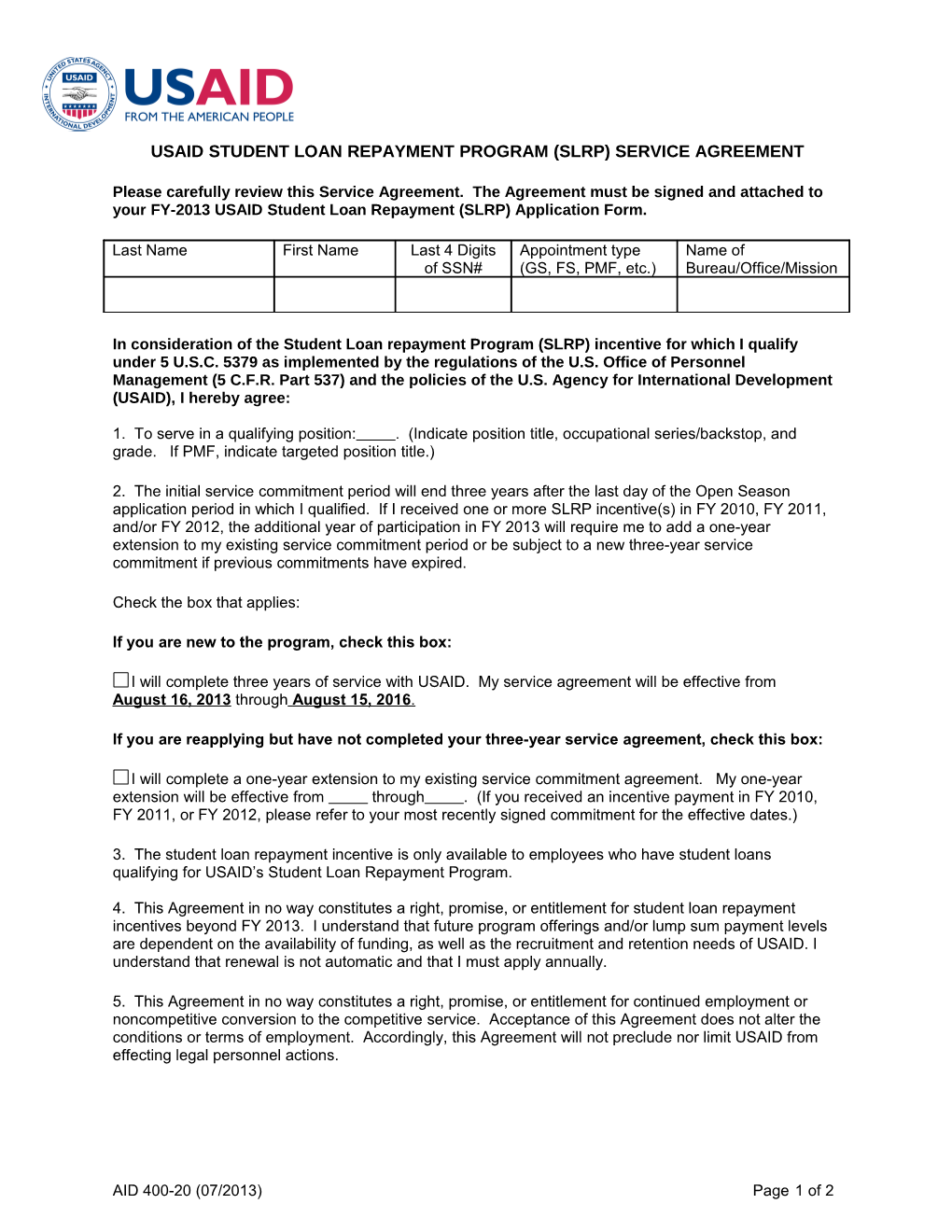Usaid Student Loan Repayment Program Service Agreement
