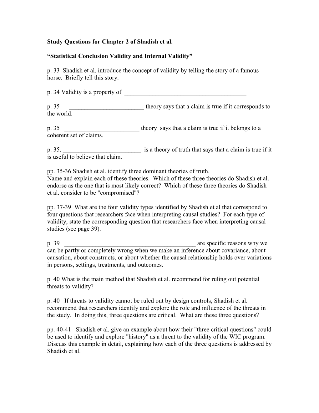 Study Questions for Chapter 2 of Shadish Et Al