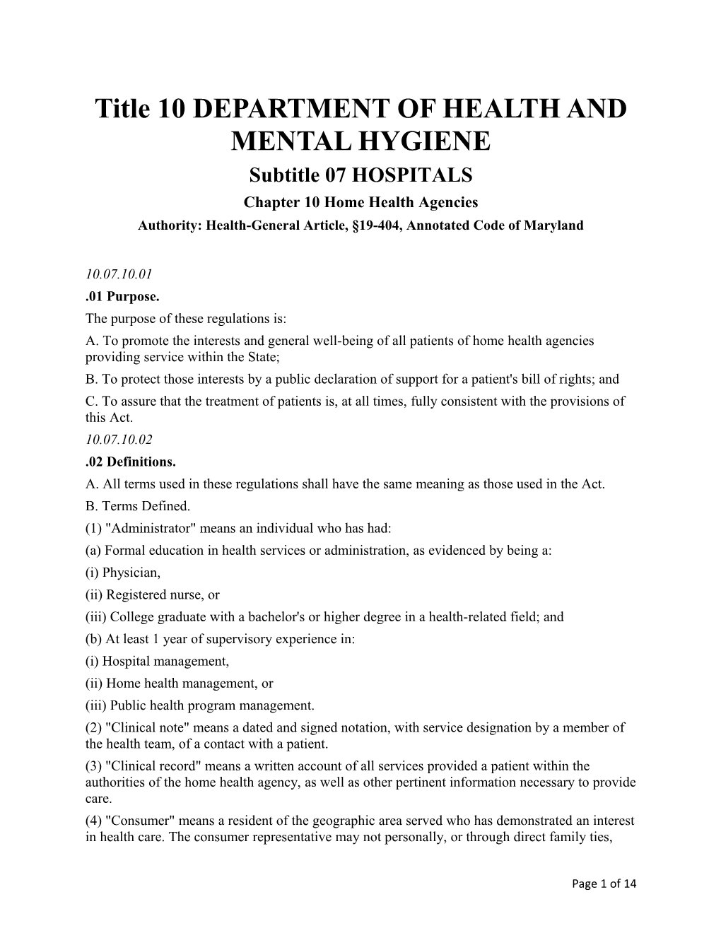 Title 10 DEPARTMENT of HEALTH and MENTAL HYGIENE