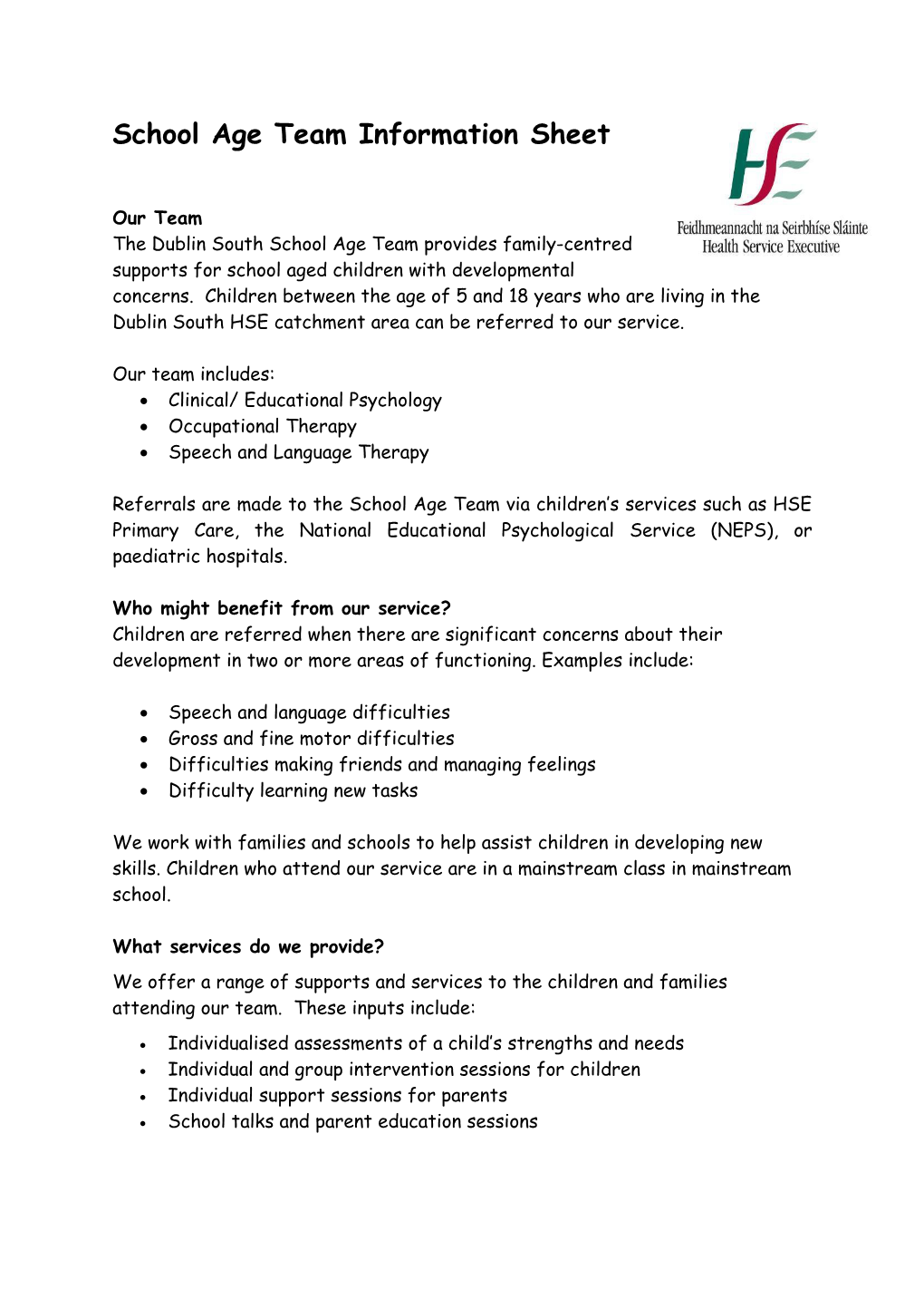 School Age Team Information Sheet