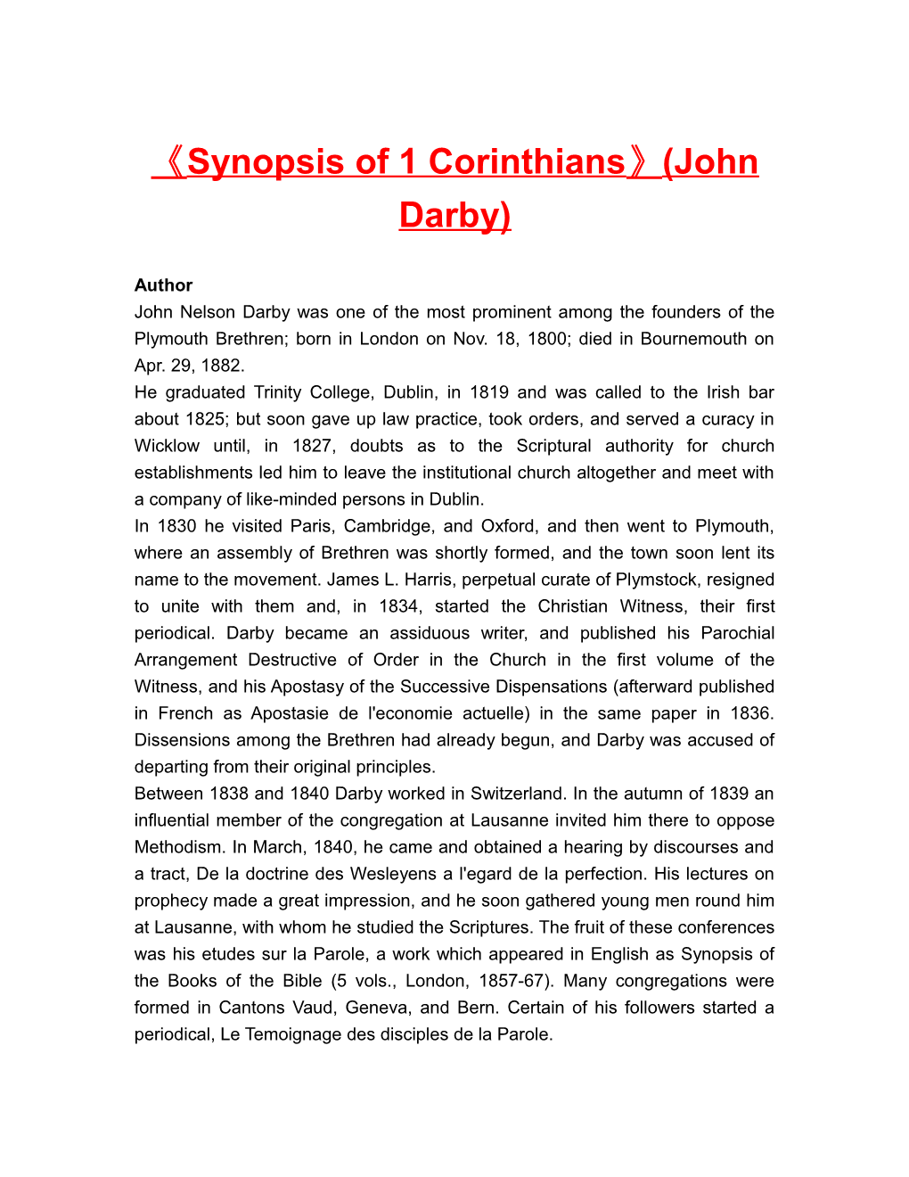 Synopsis of 1 Corinthians (John Darby)