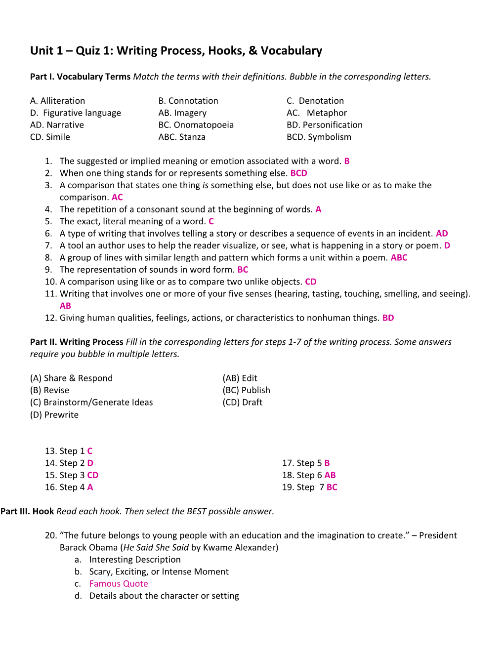 Unit 1 Quiz 1: Writing Process, Hooks, & Vocabulary