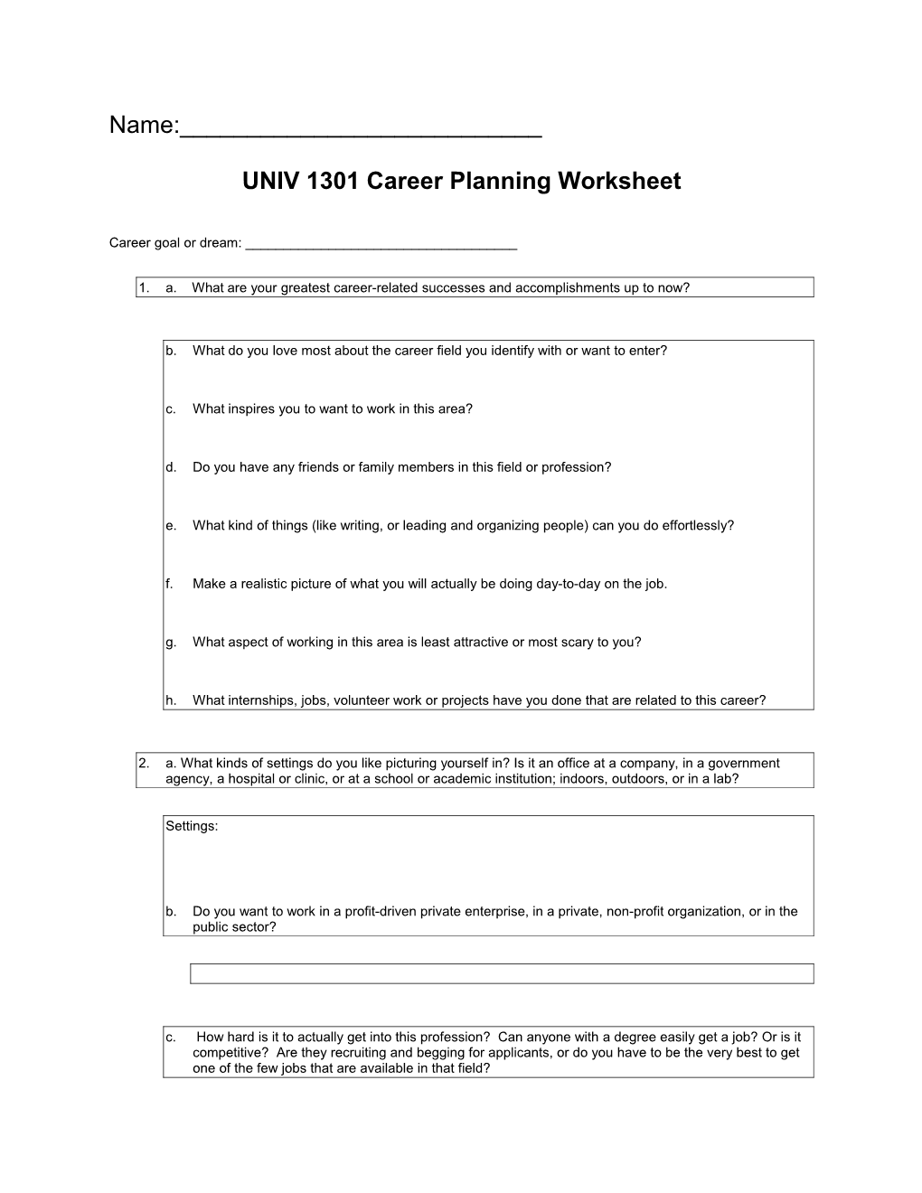 UNIV 1301 Career Planning Worksheet