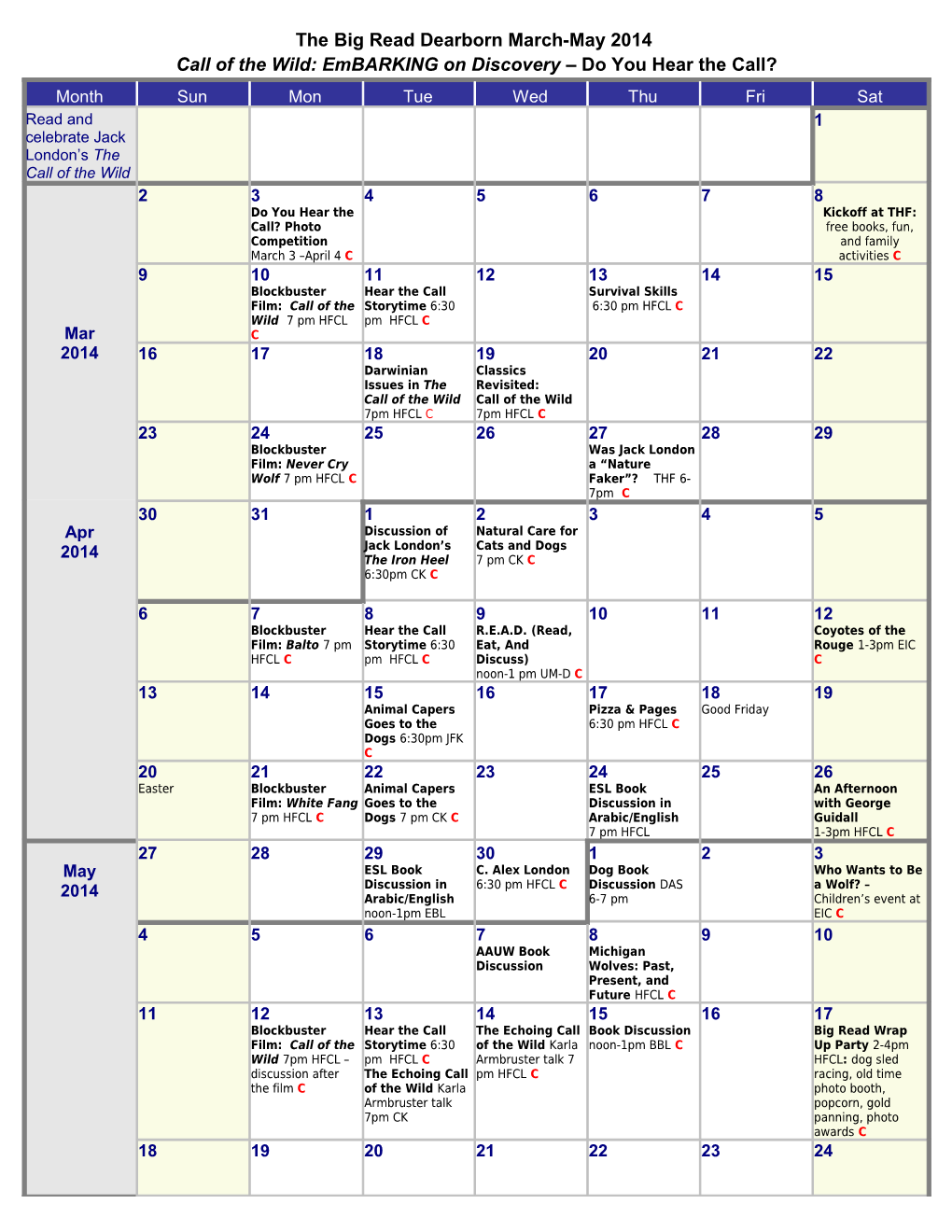 Weekly Calendar for 2014