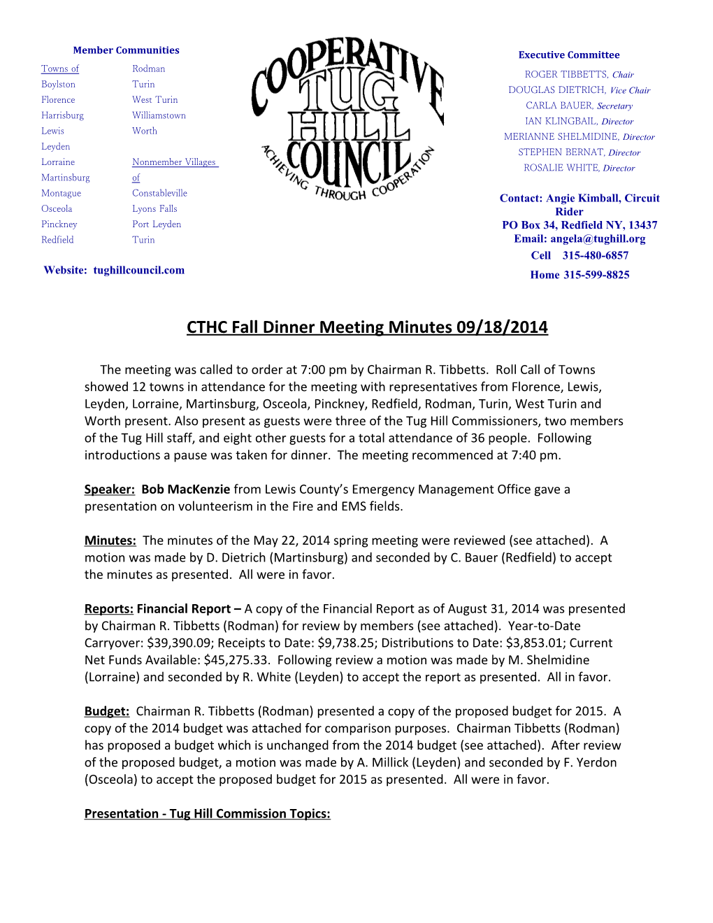 CTHC Fall Dinner Meeting Minutes 09/18/2014