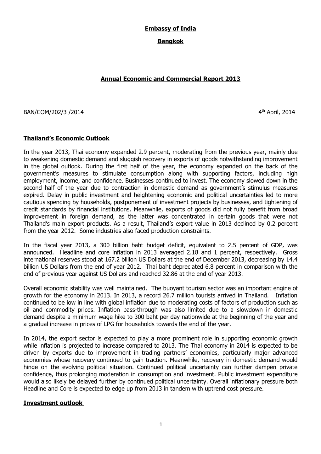 Annual Economic and Commercial Report 2013