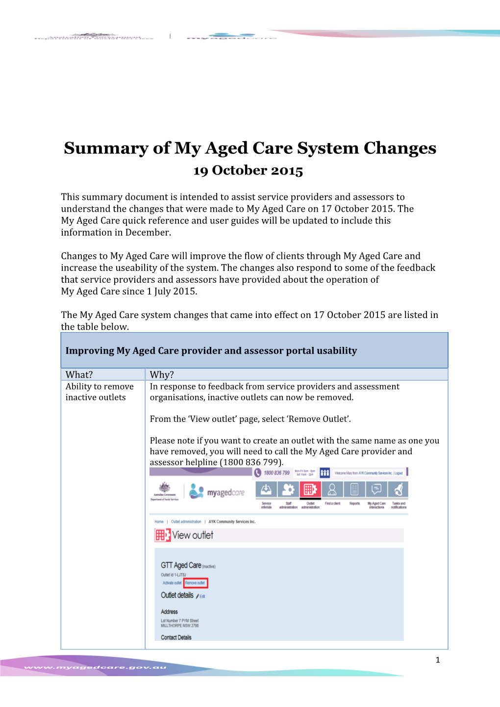 Summary of My Aged Care System Changes19 October 2015