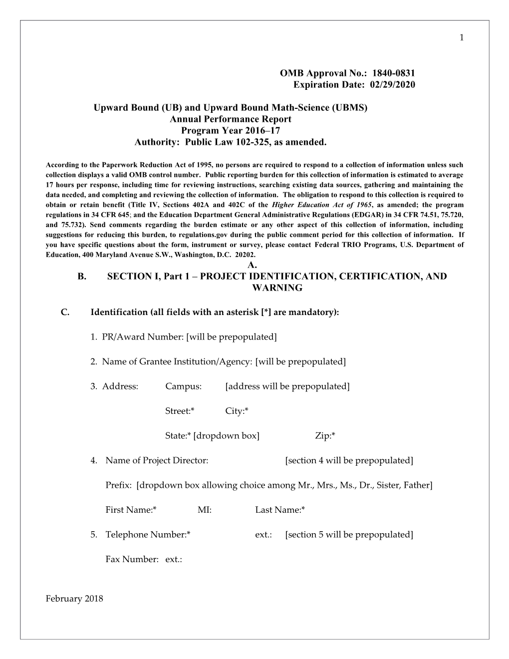 2015-2016 Annual Performance Report Form Sections I and II for the Upward Bound and UB