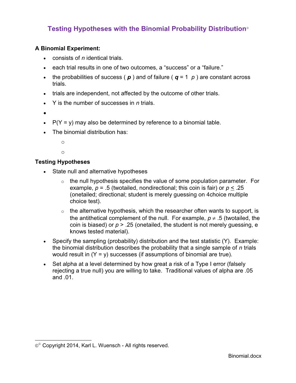 Hypothesis Testing with the Binomial