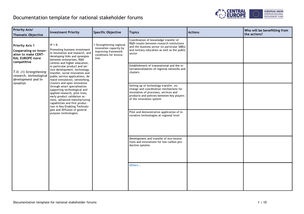 Documentation Template for National Stakeholder Forums1 10